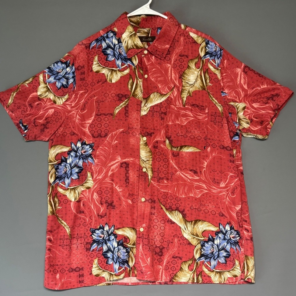 Tasso Elba Mens XL Silk Rayon Tropical Floral Button Down Shirt Red Short Sleeve